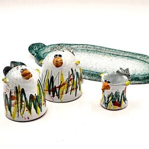 Hand Painted Pottery Bird Salt Pepper Shakers With Caddy Vintage Folk Art Set
